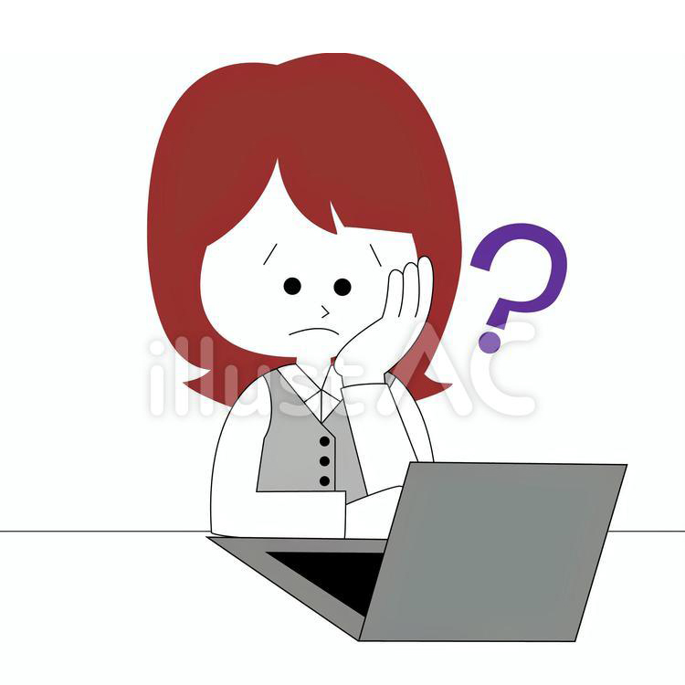 【無料イラスト素材】パソコンの前で操作に悩む若い女性会社員