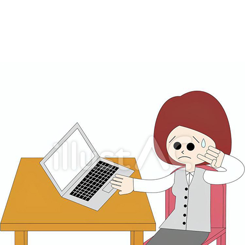 【無料イラスト素材】パソコンの前で操作に悩む女性会社員