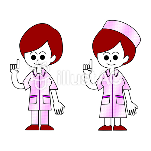 【無料イラスト素材】笑顔で指差しする若い看護師の女性