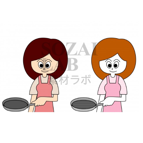 【無料イラスト素材】フライパンを持って料理するエプロン姿の主婦