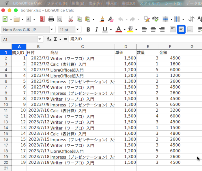 openpyxlでLibreOffice Calcの罫線を一括で引く方法