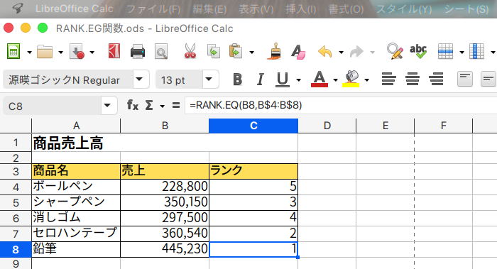 LibreOffice Calc 数値のリスト内で特定の数値の順位を求めるRANK.EG関数の使い方