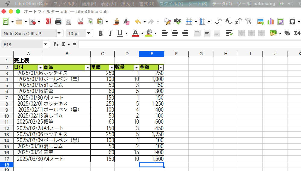 LibreOffice Calcで、オートフィルターを設定する方法