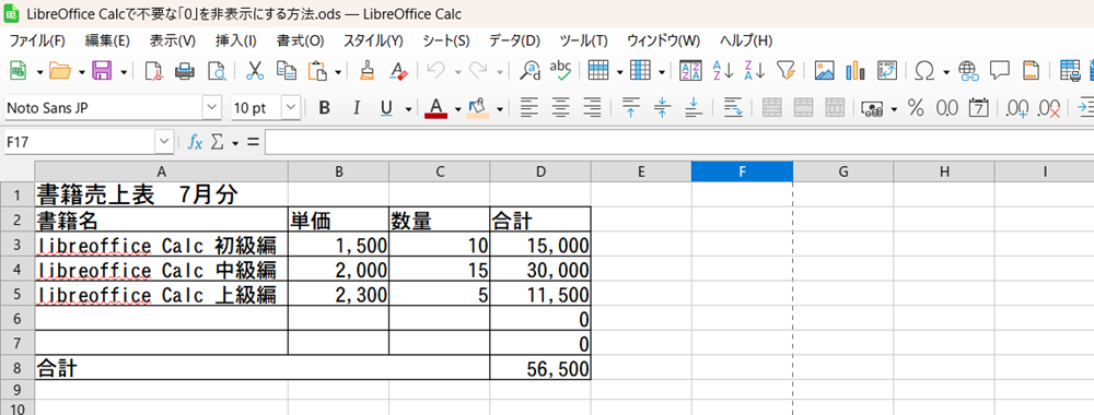 LibreOffice Calcで不要な「0」を非表示にする方法