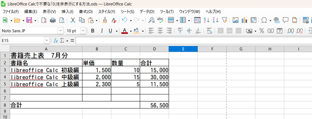 LibreOffice Calcで不要な「0」を非表示にする方法