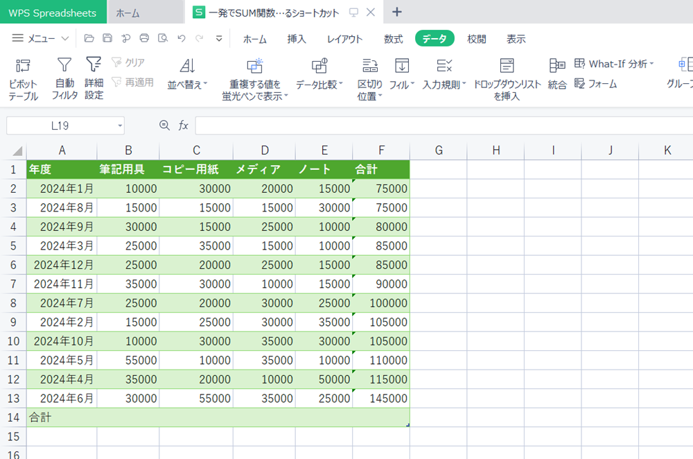 WPS Office2 Spreadsheetsの各合計セルに一瞬でSUM関数を入力するショートカット