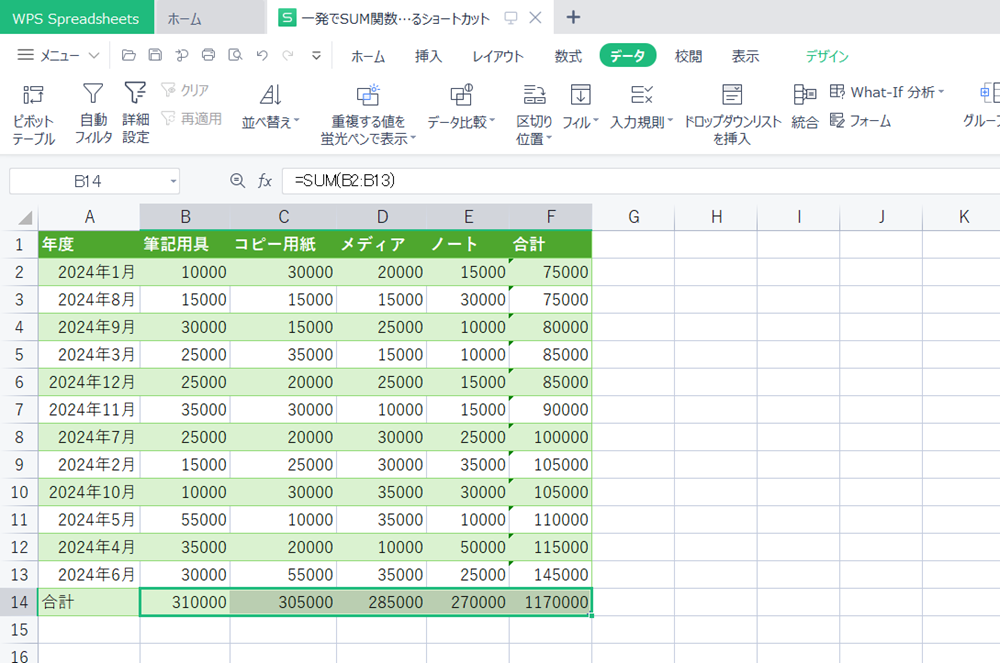 WPS Office2 Spreadsheetsの各合計セルに一瞬でSUM関数を入力するショートカット